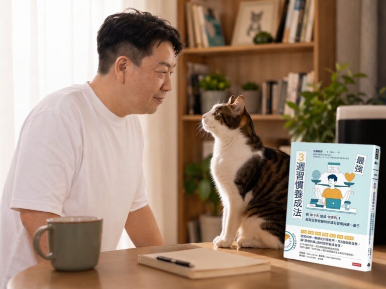Vito大叔與貓咪對望，桌上放著《最強3週習慣養成法》