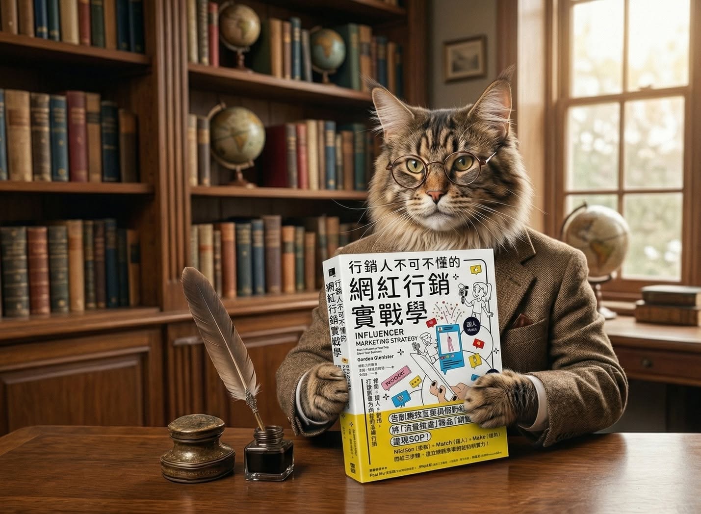 戴眼鏡的貓咪學者手持《行銷人不可不懂的網紅行銷實戰學》