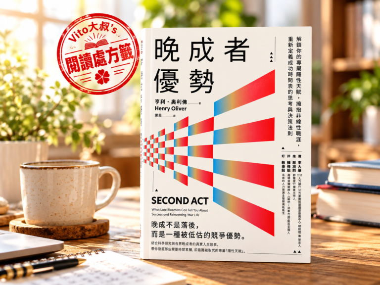 亨利・奧利佛《晚成者優勢》書封，放在灑滿陽光的木桌上