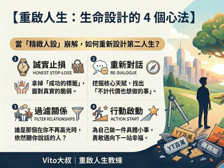 重啟人生：生命設計的 4 個心法資訊圖，誠實止損、重新對話、過濾關係、行動啟動，Vito大叔重啟人生教練
