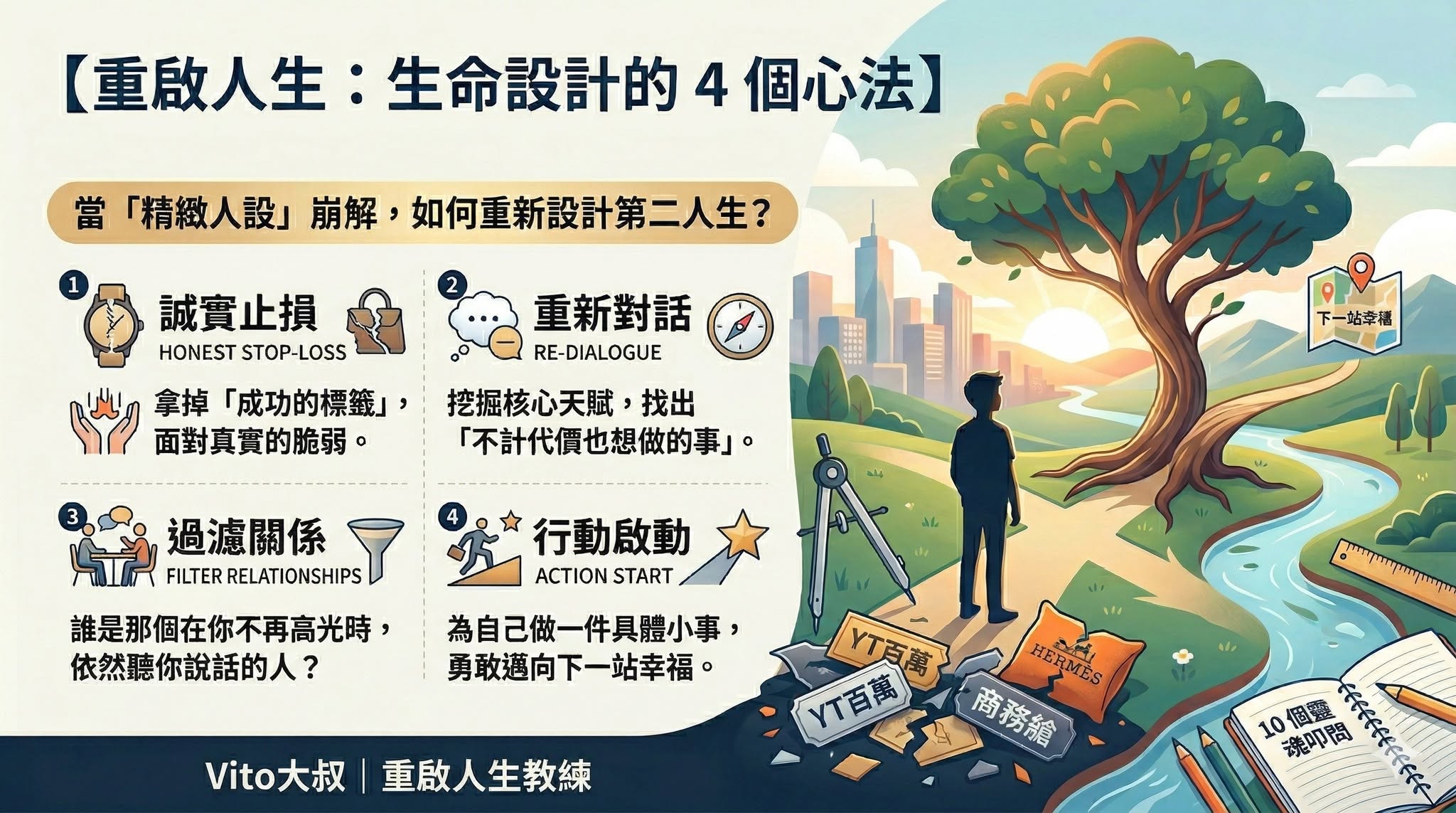 重啟人生：生命設計的 4 個心法資訊圖，誠實止損、重新對話、過濾關係、行動啟動，Vito大叔重啟人生教練