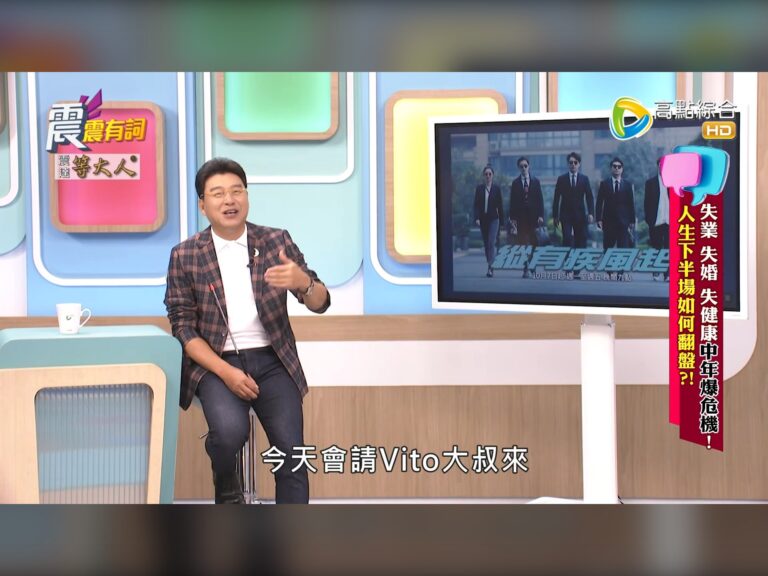 《震震有詞》節目畫面，主持人介紹來賓 Vito大叔，主題「失業 失婚 失健康 中年爆危機！人生下半場如何翻盤？」